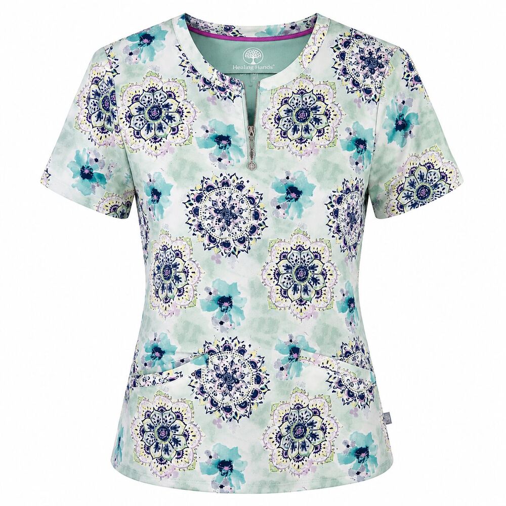 Healing Hands Ivy Watercolor Medallion Print Scrub Top Size M Two Way Stretch